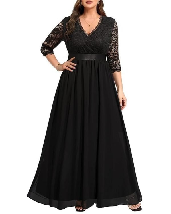 Women's Plus Size Lace Chffon Long Maxi 3/4 Sleeve V-Back Formal Dress