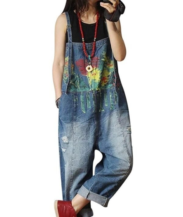 Women Casual Loose Denim Jumpsuits Rompers Boyfriend Plus Size Baggy Jeans Overalls Hand Printed Distressed Poled/Pockets P60