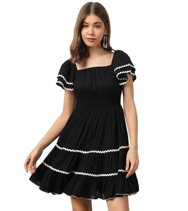 DEEBACO Solid Rayon Smocking Tiered Dress for Women's|Short Layered Bell Sleeves Square Neck Above Knee Length Dress|Summer Wear Girls Dress Western Party Casual Wear Outfits for Ladies