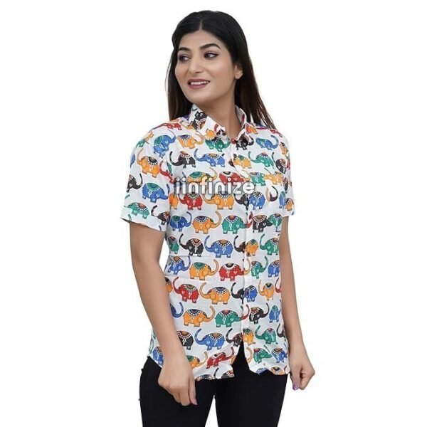 iinfinize Cotton Regular Fit Casual Shirt for Women Spread Collar Latest Western Shirt Short Sleeve Elephant Printed Shirt (Copy)