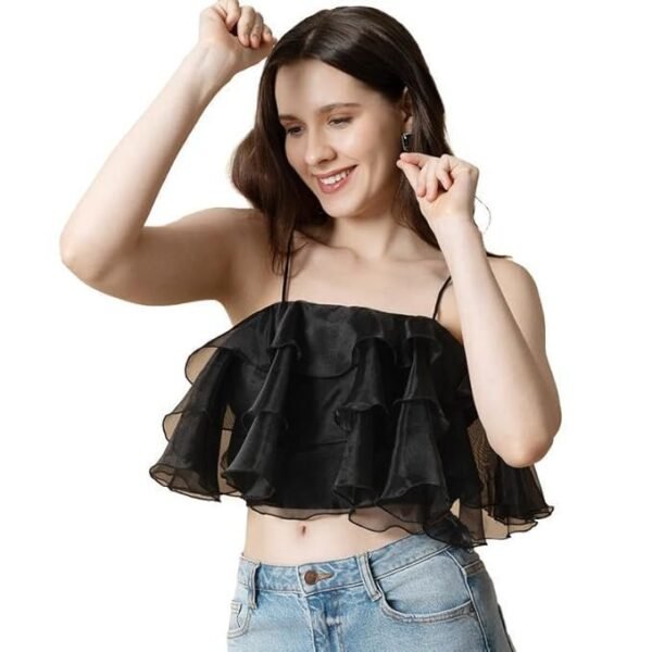 BLANC9 Women's Black Ruffle Organza Top – Elegant Square Neck Western Sheer Sleeves, Stylish Fit – Lightweight Polyester Top for Girls & Women – Trendy Evening Outfit
