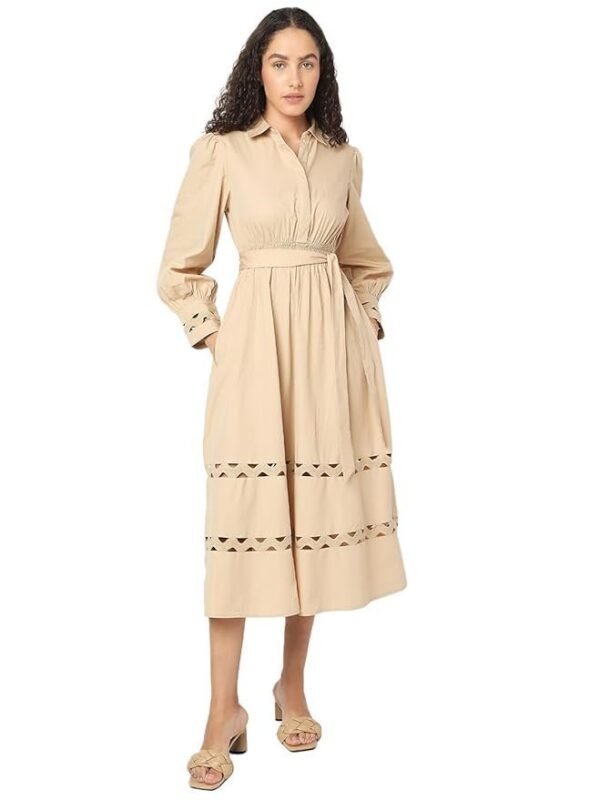 VERO MODA Women's Cotton Fit and Flare Midi Dress