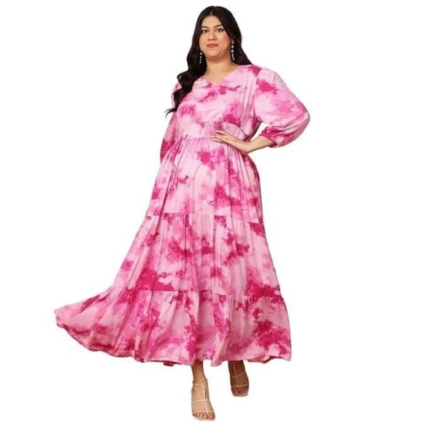 DEEBACO Tie & Dye Rayon Plus Size Tiered Maxi Dress for Women's|V-Neck 3/4 Straight Sleeves|Fit & Flare Maxi Length Summer Western Party Casual Wear Dress for Ladies