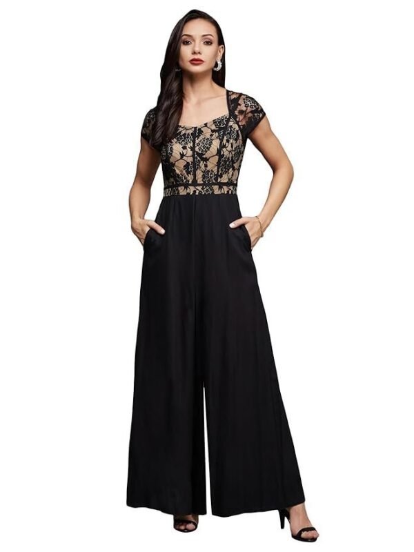 Miss Chase Women's Sweetheart Neck Raglan Sleeve Floral Lace Overlaid Viscose-Rayon Regular Length Jumpsuit