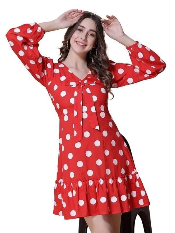 GOD BLESS Red Colored Cotton Polka Dot Printed Short Dress,Short Length,Full Sleeeves,V Neck