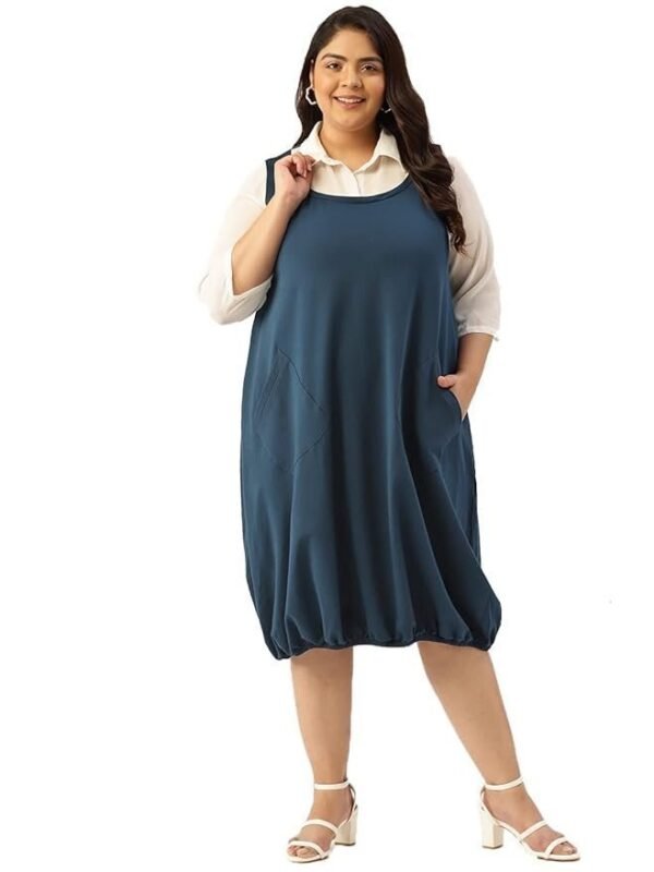 theRebelinme Plus Size Women's 5005DCINKBLUE Solid Color Shirt Collar Balloon Dress