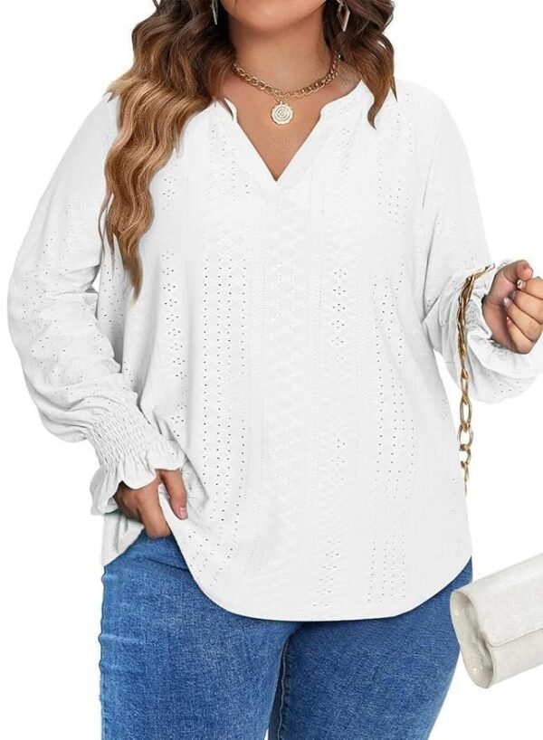 Eytino Plus Size Tops for Women Split V Neck Puff Long Sleeve Summer Loose Blouse Shirts(1X-5X)