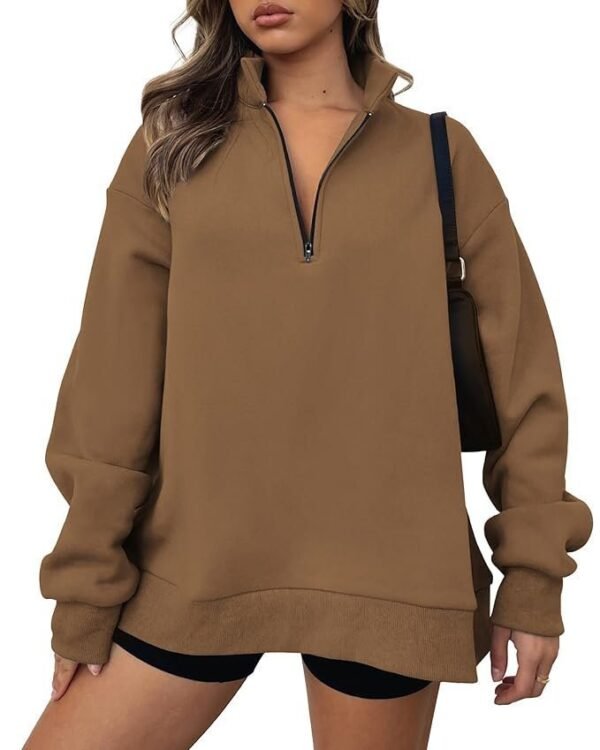 BTFBM Women's Quarter Zip Long Sleeve Sweatshirt Oversized Casual 2023 Fall Winter Fashion Hoodies Pullover Y2K Clothes, Solid Brown, Small