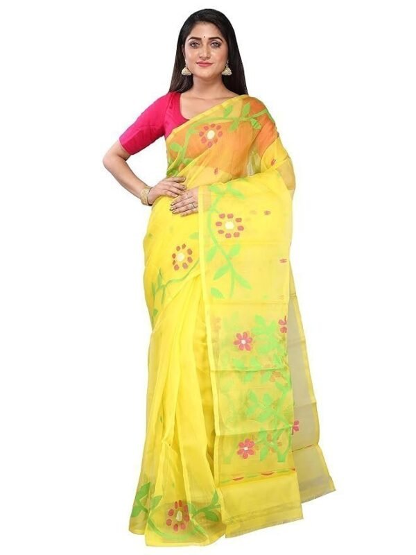 Ruprekha Fashion Women's Yellow Colour Pure Silk Jamdani Work Muslin Handloom Saree from Bengal