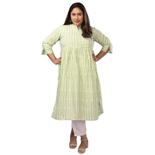 Sizeupp Women's White & Green Cotton Plus Size Printed Kurta |2XL - 8XL | Mandarin Collar | 3/4 Sleeve | Straight Fit | Comfortable & Stylish Kurta, Perfect for Casual and Ethnic Occasions