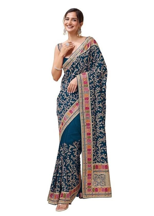 TRENDMALLS Women's Vichitra Silk Embroidery, Siroski Stone Work Saree with Unstitch Blouse Piece