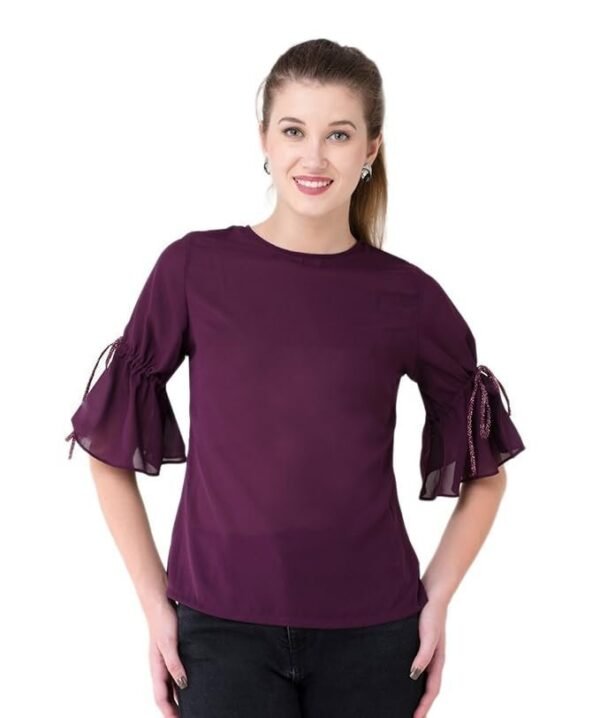 V&M Women’s Purple Solid Casual Top | Designer 3/4 Tie-Up Sleeve Blouse | Regular Fit Polyester Top for Office, Vacation, Party, Daily Use