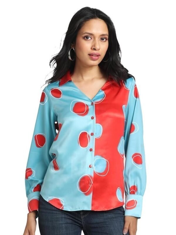 SHAYE Blue Spread Collar Printed Long Sleeves Casual Shirts for Women