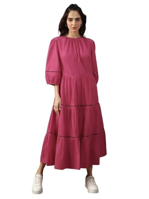 High Star Women Solid Cotton Flared Fit Round Neck Short Sleeve Dresses