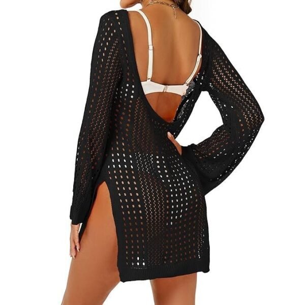 Women's Crochet Swimsuit Coverup Hollow Long Sleeve Swimsuit Cover Up Side Split Knit Swimwear Beach Dress