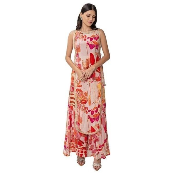 ZLAATA Pink 3 piece set for women | Long Shrug with Flared Pant and Inner Top | Sleeveless & Round Neck Design | Floral Print Co ord Set for Women | Pack of 1