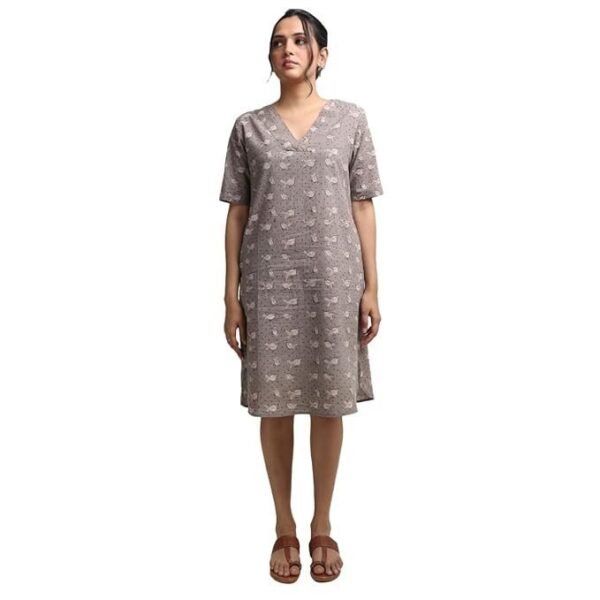 REEPEAT PRAGATI Women's Oak Brown Hand Block Printed V Neck Dress - Timeless Craftsmanship and Style Combined