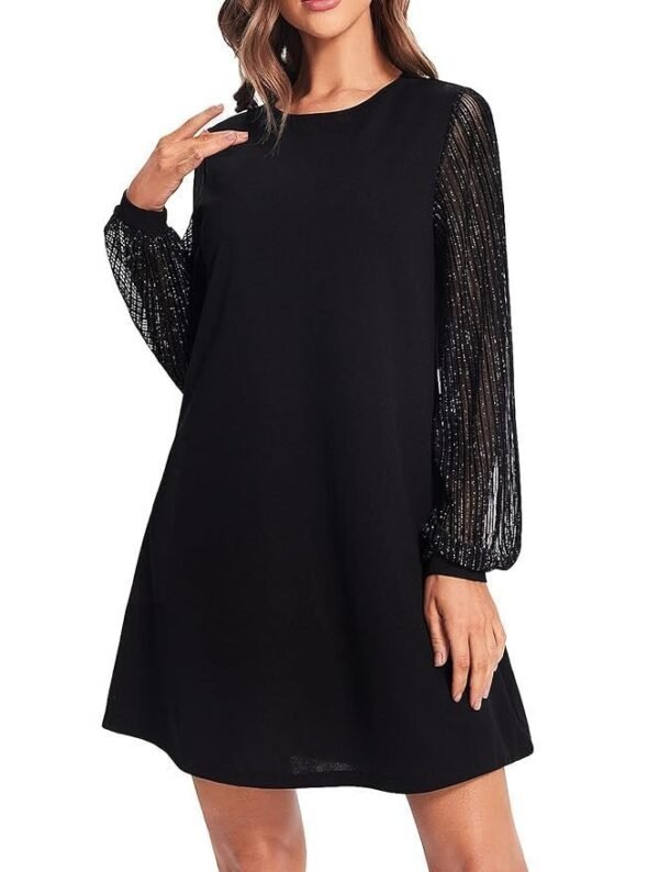 SweatyRocks Women's Elegant Mesh Contrast Long Sleeve A Line Mini Short Dress, Silver Line Black, Medium