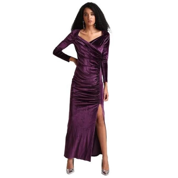 Kazo Solid Velvet V Neck Women's Maxi Dress