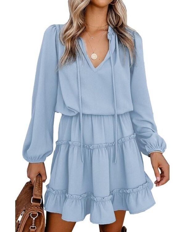 BTFBM Women Casual Summer Fall Dresses Tie V Neck Long Sleeve High Waist Ruffle Tiered A Line Swing Tunic Mini Dress