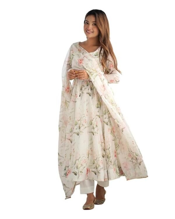 Vastra Saili Designer Women Organza Anarkali Floral Printed Kurta Pent Set with Dupatta Set Anarkali Kurti for Women