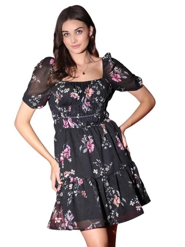 ROMONIA Georgette Regular Fit Floral Mini Dress for Women & Girls with Elegant Design | Stylish & Comfortable Outfit | Ideal for Casual Outings, Parties, Events & Special Occasions (Multi)