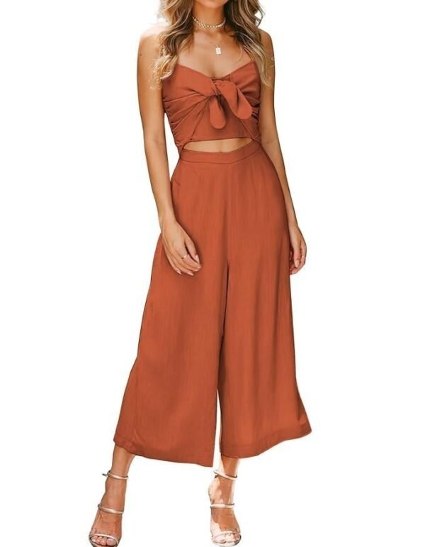 AVALEBETI Women's Summer Spaghetti Straps Tie Knot Cutout Smocked Shirred Back High Waist Wide Leg Jumpsuits Rompers Pockets