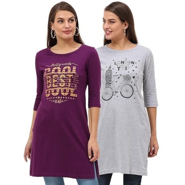 FLEXIMAA Women's Cotton Printed Round Neck 3/4 Sleeve Long Top