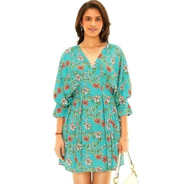 PRETTY PIXIE Women's Short Dress Orchid – Caribbean Jade | Cotton, V-Neck, Relaxed Fit | Trendy Casual Summer, Beach & Vacation Essential | Dress for Woman