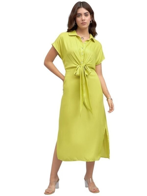DL Woman Solid Shirt Collar Belted Midi Dress
