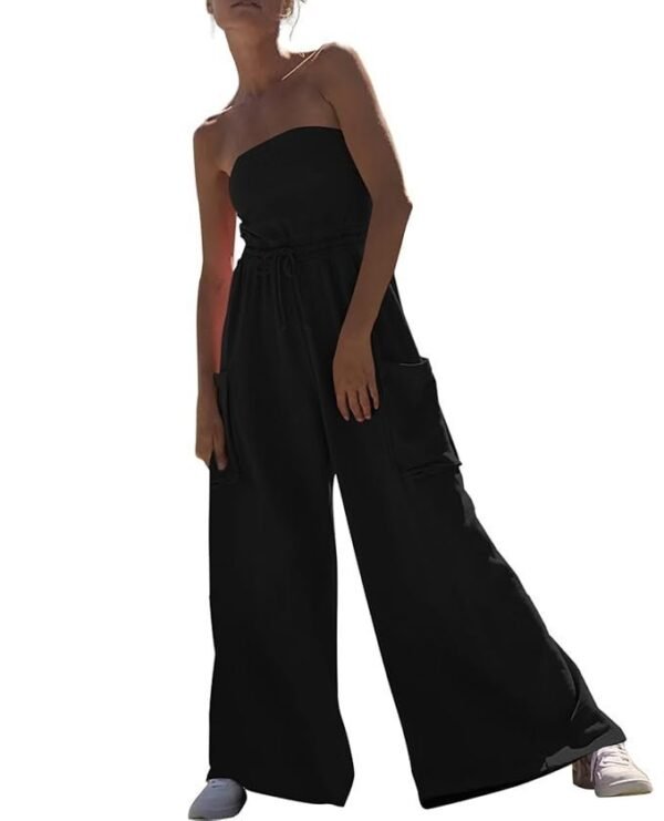 Feager Women's Oversized Strapless Off Shoulder Tube Top Jumpsuits Casual Wide Leg Long Pants Jumpsuits Rompers with Pockets