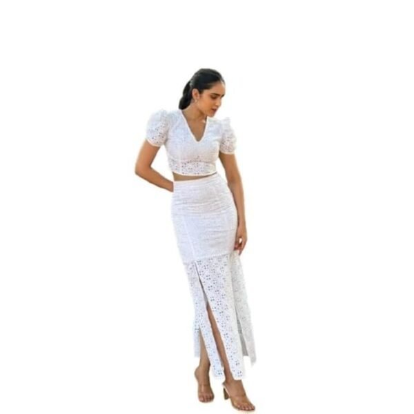 MYCLO Rapunzel White Co-Ord Set for Women | Cotton Schiffli Two-Piece Outfit | Relaxed Fit with Stylish Design | Soft | Breathable Summer Wear