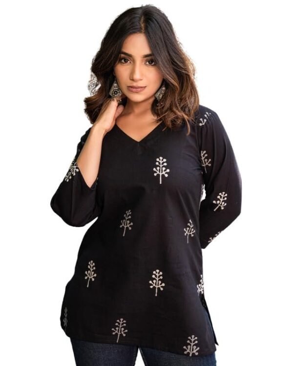 Kashis CreationsFloral Print Rayon Kurta for Women | Regular Fit Top | Stylish Top for Girls | Top for Office | Kurti for Women | Black