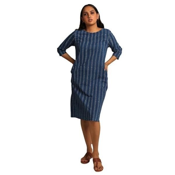 REEPEAT "KSHAMA Women's Indigo Cotton Hand Block Printed Dress with Center Back Slit - Artisanal Elegance and Unique Design|Indigo|XXL|