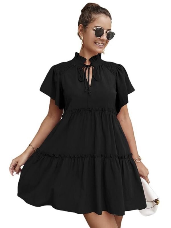 TNIU Women Short Sleeve Mini Dress Ruffles Stand Collar A-line Sundress