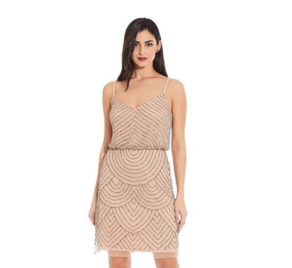 Adrianna Papell Women's Sleeveless V-Neck Blouson Beaded Cocktail Dress