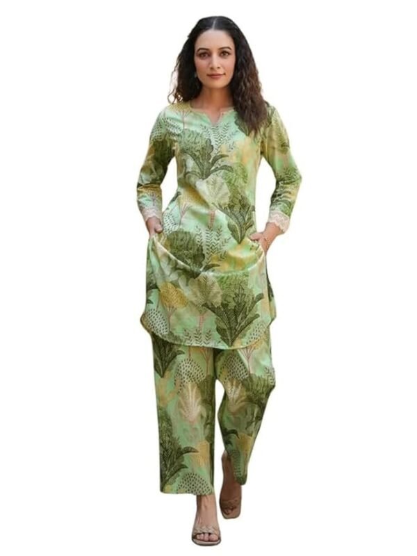 NAINVISH Women's Cotton Blend Green Printed V-Neck Co-ord Set | Daily & Casual Wear