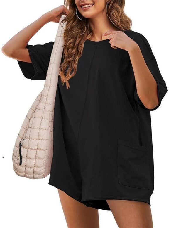 Lianlive Rompers for Women Short Sleeve Oversized Athletic Rompers Reversible Workout Overalls Hot Shot Tee Romper Onesie