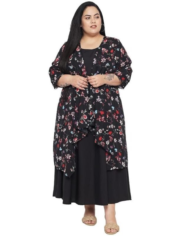 Indietoga Women's Plus Sizes Solid Long Maxi Dress with Floral Printed Shrug (Fit and Flare 2XL to 10XL)