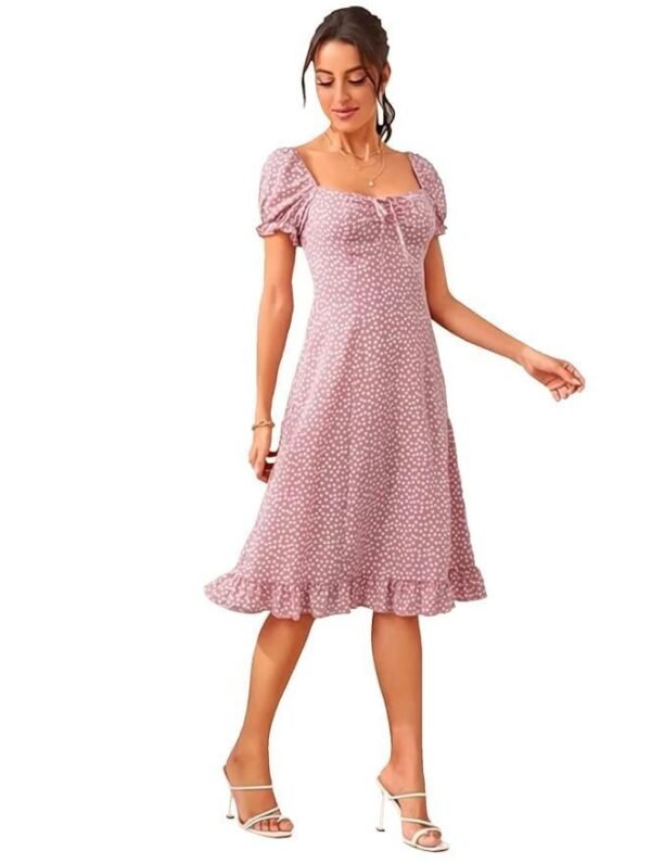 Dream Beauty Fashion Women's Polyester Printed A-line Square Neck Half Sleeve Knee-Long Dress (Dress Momo)
